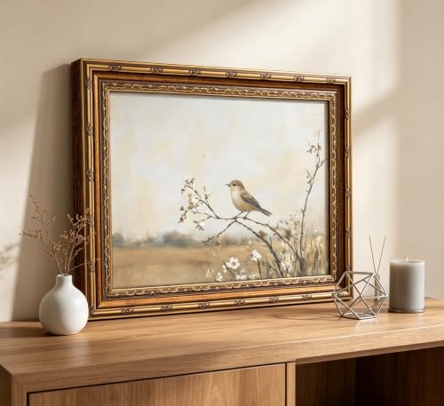 Vintage Gold Framed Bird Wall Art Spring Songbird on Floral Branch Painting Canvas Rustic Nature Woodland Picture Wall Decor Muted Farmhouse Print Artwork For Living Room Bedroom Entryway - color: Flower Bird, size: 24"L x 16"W