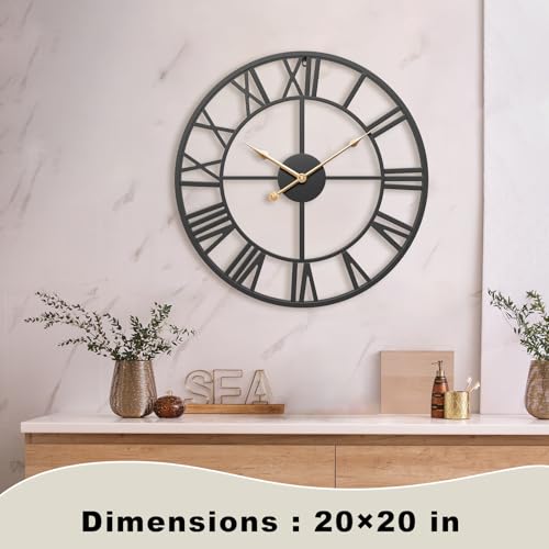 18 Inch Black Metal Roman Numerals Wall Clocks for Living Room - color: Black, size: 20 Inch