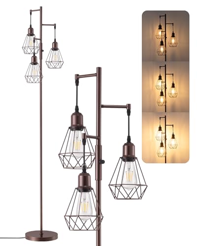 EDISHINE 70" Industrial 3 Light Floor Lamp with 3 LED Bulbs, Dimmable - color: Brown