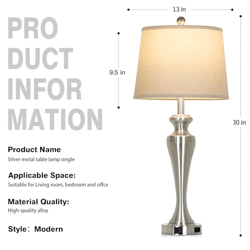 30 Inch Single Silver Table Lamp, 3-Way Dimmable Touch Bedroom Lamp with USB A+C Ports and AC Outlet, Modern Metal Brushed Nickel Living Room Lamp, Bedside Lamp for Nightstand Guest Room End Table - color: Silver-1PK