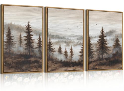 Large Foggy Pine Tree Mountain Framed Canvas Wall Art Set-16"x24"x3 - color: Foggy Landscape Wall Art, size: 16"Lx24"W