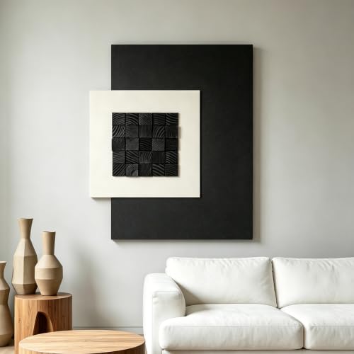 AMAATE 3D Textured Black Wood Geometric Relief Sandstone Framed Wall Art - color: black square