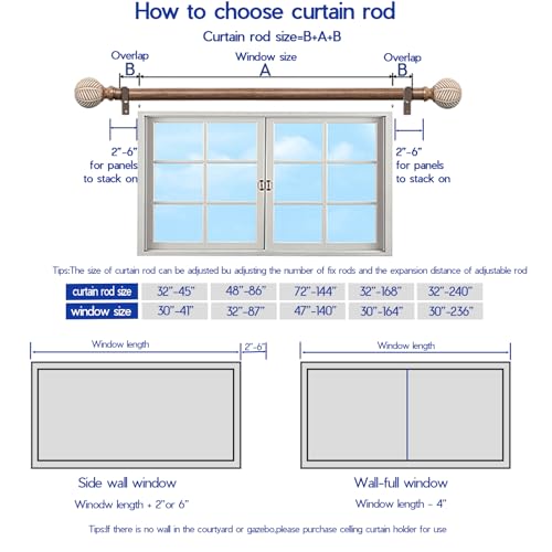 Wood Curtain Rods for Windows: 1 Inch Diameter Adjustable Heavy Duty Curtain Rod 48" to 86" with Imitation Wood Grain Leaf Pattern Finials - color: Wood grain, size: 48"-86"|1 PACK
