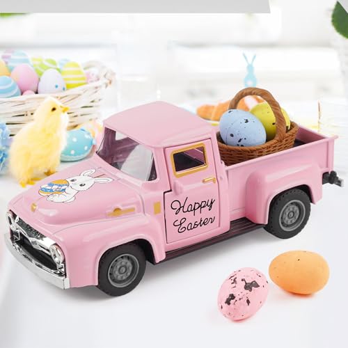 Spring Truck Decor, Pink Egg Bunny Truck Decorations for Home Indoor, Mini Basket Eggs Truck Tiered Tray Decor, Spring Rustic Farmhouse Kitchen Tabletop Decorations for Office - color: Spring Pink
