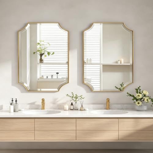 POZINO 30"x22" Premium Brushed Gold Rectangle Beveled Mirror for Bathroom - color: Brushed Gold Scalloped, size: 30"L x 22"W