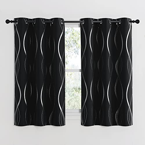 NICETOWN Black Out Curtains for Small Window, 2 Panels, 34 inches Wide by 54 inches Long, Foil Printed Wave Lines Thermal Insulated Blackout Panels/Drapes for Bedroom Kitchen Loft Cafe - color: 1 - Black, size: 34"W x 54"L (Pack of 2)