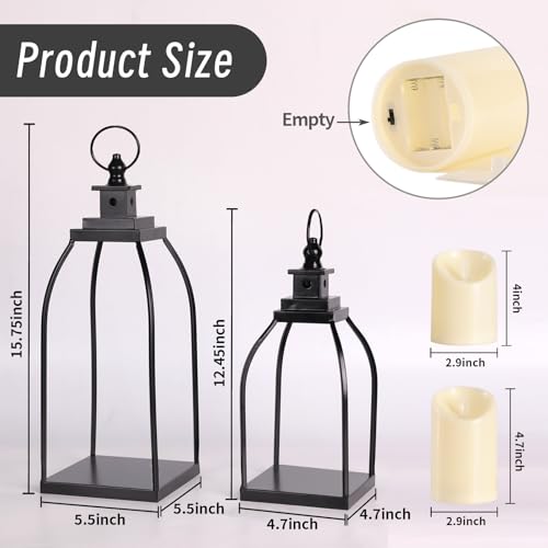 Decorative Candle Lanterns Set of 2, Black Metal for Indoor & Outdoor - size: 12+15in