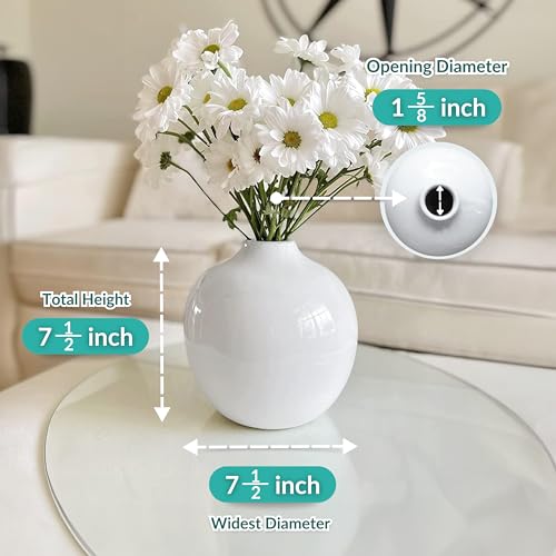 Willowy 7.5 Inch Large White Ceramic Vase with Glossy Finish - White Vases for Flowers, Round Vases for Decor, for Flower, for Pampas Grass - color: White, size: Round 7.5''
