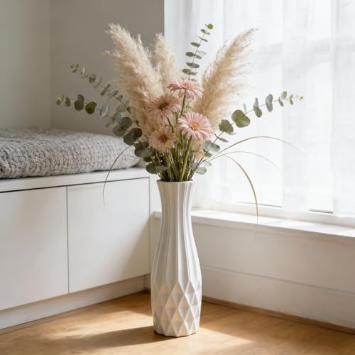 White Tall Ceramic Floor Vase, 17.7 Inch, Flared Geometric Design - color: Shape 2, size: 17.7 Inch
