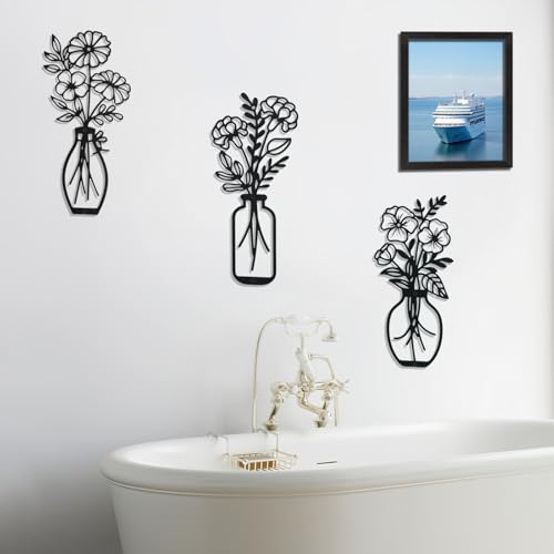 Lcaughsy Metal-Wall-Art Decoration - Metal Wall Decor Floral and Picture Frame For Living Room, 3 Pcs Hanging Wall Decor Art for Home Dining Room Bedroom Kitchen Farmhouse, Black