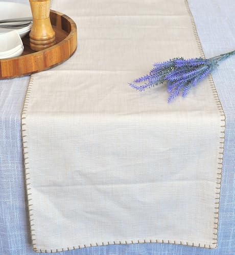 Textured Table Runner 90 inches Long with Decorative Stitched Edge Kitchen Table Runner Bedroom Dresser Scarf Dining Room Table Topper Washable Cotton Fabric Runner Furniture Top Cover Beige - color: Beige, size: 14"x 90"