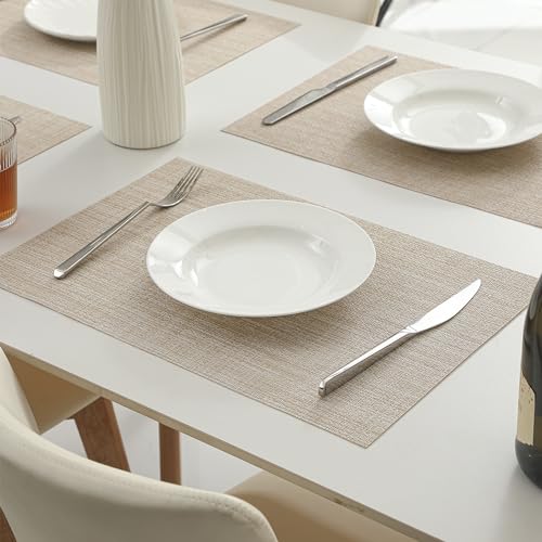 Woven Vinyl Beige Placemats Set of 16, Linen Look & Easy to Clean - color: Beige, size: Set of 16