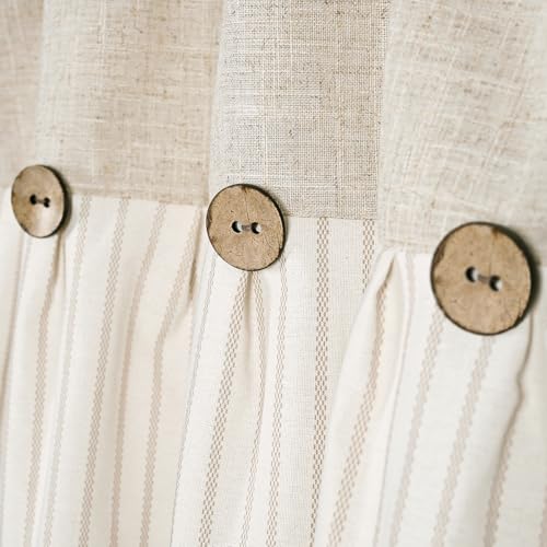 DOSLY Ides Farmhouse Rustic Beige Cotton Blend Striped Pleated Valance Curtain with Coconut Buttons for Kitchen, Living Room, Bedroom, 52" W x 18" L - color: Linen & Beige Stripe, size: 52"W x 18"L (Pack of 1)