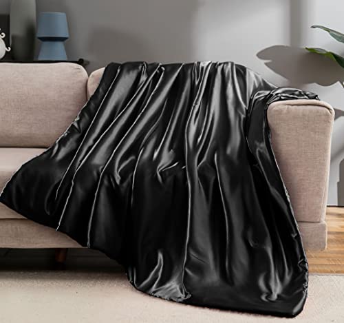 Vonty Black Satin Throw Blanket 50x60In, Cooling Silky Wrinkle-Free - color: Black, size: 50" x 60"