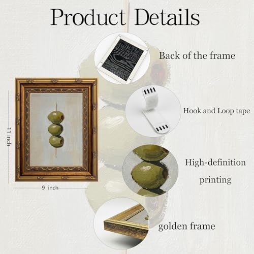 Gold Framed Wall Art Vintage Dirty Martini Olives Wall Art Retro Green Olives Cocktail Bar Cart Wall Decor Picture Summer Trendy Minimalist Kitchen Poster Print for Living Room Dining Room 9x11in - color: Martini Olives, size: 11"l X 9"w