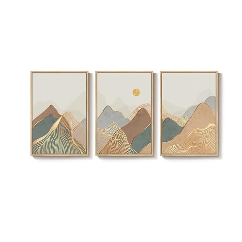 Large Framed Boho Modern Mountain Wall Art for Living Room, 3 Piece, 24x36 - color: Neutral Gold, size: 24" W x 36" H x 3Pcs
