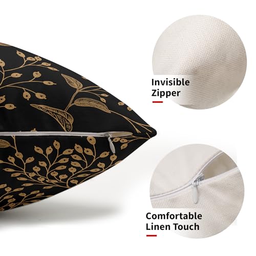Boho Lumbar Pillow Covers 12X20 Inch Set of 2 Black Gold Floral Leaves Decorative Pillow Cases Vintage Flower Leaf Cotton Linen Cushion Case Farmhouse Home Decor for Sofa Couch Porch Outdoor - color: Gold Leaf, size: 20" x 12" (Pack of 2)