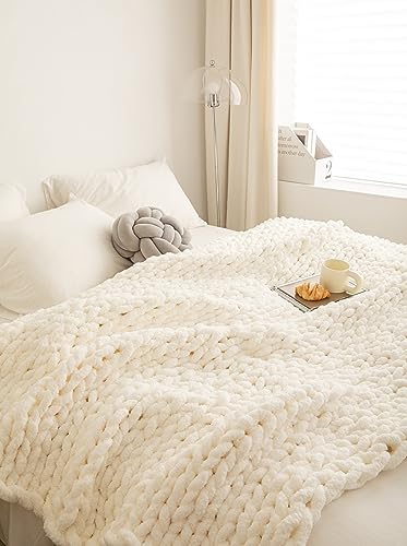 Chunky Knit Blanket Soft Chenille Yarn Knitted Throw Blanket 50"X60" Handmade Cable Warm Thick Giant Blanket for Couch Bed Trips (White, Throw 50"X60")?-¡ - color: Cream White, size: Throw 50"X60"