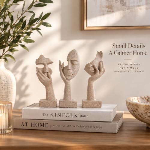 3 Pcs Thinker Statue - Resin Art Abstract Home Accent Figurines for Decor Apartment Bookshelf Floating Shelf Living Room Coffee Table Office Desk Counter Decor (3 Pcs Sandstone, 6") - color: 3 Pcs Sandstone, size: 6"