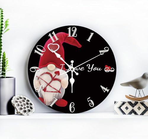 Red Black Silent Non Ticking Wall Clock 12 Inch, Battery Operated, Gnome with Love Black Round Wood Wall Clocks, Decorative for Living Room, Kitchen, Bedroom, Bathroom, Office,Gift of Love - color: Gnomes Red Heart "I Love You"