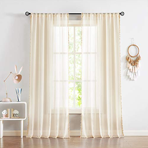 Pompom Linen Sheer Curtains for Living Room 52x84" Natural Drapes Kids 2pcs - color: Natural, size: 52"W x 84"L (Pack of 2)