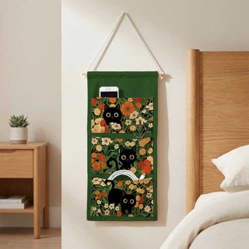 IAXIC Canvas Wall Hanging Organizer with Pockets Fish Extender Hanging Pouch Black Cat Floral Door Closet Organizers Fabric Storage Pockets Wall Decoration - color: Black Cat Floral