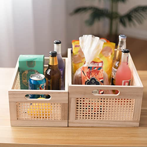 Rattan Woven Wooden Storage Basket Set of 2, Square‑corner Rectangular - size: Rectangle B - 2-Piece Set