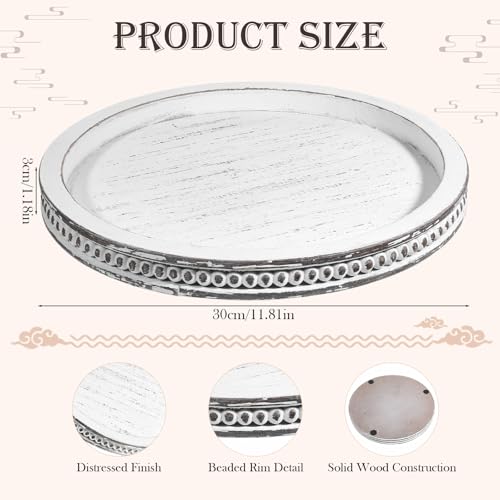 Farmhouse Round Wooden Beaded Tray 12" White Washed Wooden Decorative Tray Round Rustic Wood Decorative Coffee Table Trays for Home Living Room Kitchen Counter