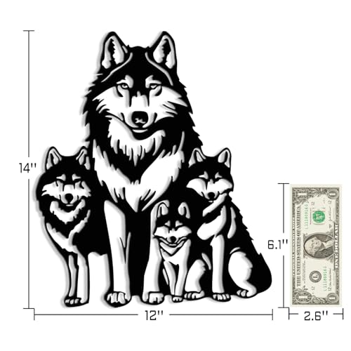 Maoerzai Geometric Wolf Family Metal Wall Art Decor, Perfect for Living Room, Office, Bedroom Entrance (Black - 12 x 14 Inch)
