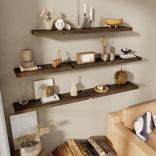 RICHFOCUS 24inch Walnut Floating Shelves for Wall, 8" Deep High End Solid Real Wood Wall Shelves for Bathroom, Rustic Wooden Floating Shelves with Invisible Brackets for Books Storage Decor, Set of 2 - color: Walnut, size: 24inch