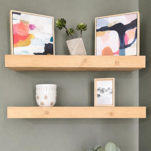 Urbandi Modern Floating Shelves 3 Inches Thick for Wall, Wide Shelves for Kitchen, Living Room, Bedroom, and Bathroom, Natural Pine Wood, Rustic Wooden Shelf, (Set of 2) (Aged Oak, 36Lx3Hx6D) - color: Aged Oak, size: 36Lx3Hx6D