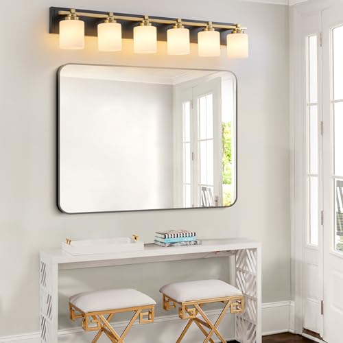 Modern Bathroom Light Fixtures Over Mirror, Vanity Lights for Bathroom Wall Sconces with Milky White Glass Shades, E26 Socket (Bulbs Not Included), 6 Light, Black Gold - color: Black Gold, size: 42.12 inch-6-Light