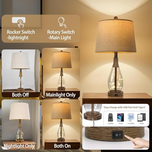 OYEARS 2 in 1 Bedside Table Lamps Set of 2, Farmhouse Glass Lamp, Wood-Like - color: Wood-Like