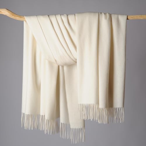 CUDDLE DREAMS Premium Cashmere Throw Blanket with Fringe (Ivory) - color: Ivory