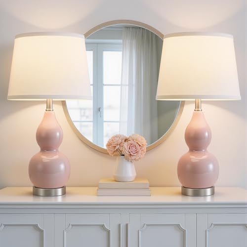 GyroVu 22" Table Lamp Set of 2, Color Temperature Adjustable Double Gourd Ceramic Lamps Classic Nightstand Table Lamps for Bedroom Beside Lamps for Living Room, Pink-Bulbs Included - color: 22.63" Pink Gourd