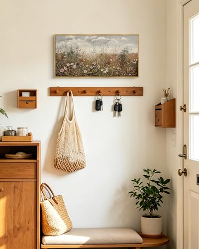KUVIOKE Vintage Landscape Framed Wall Art Meadow Wildflower Field Wall Prints Classic Retro Farmhouse Rustic Decorations for Living Room Bedroom 8x16in (Natural Framed) - color: Wildflower Field, size: 16"L x 8"W