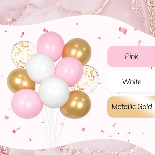 60pcs Pink and Gold Balloons 12inch with Metallic Gold Confetti Balloons - color: Pink White Gold