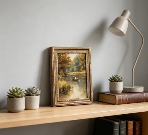 Vintage Gold Framed Autumn Lake Landscape Wall Art, Rustic Farmhouse Canvas - color: Lake Landscape, size: 16"LX12"W