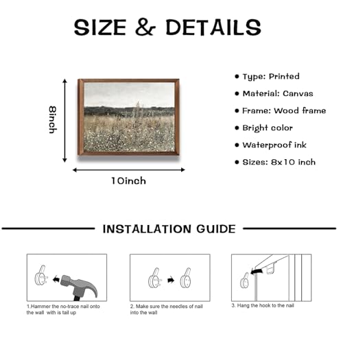 Vintage Flowers Canvas Wall Art,Country Meadow Nature Landscape Painting Posters Prints Rustic Farmhouse,Retro Botanical Wall Decor for Living Room Bedroom Bathroom Home Decor 8x10in Wood Framed - color: Vintage Landscape, size: 10"L x 8"W