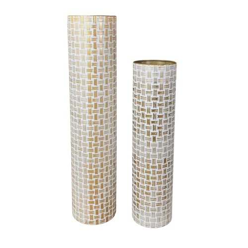 Leewadee Set of 2 Large Floor Vases Metal for Pampas Grass - color: White, Gold
