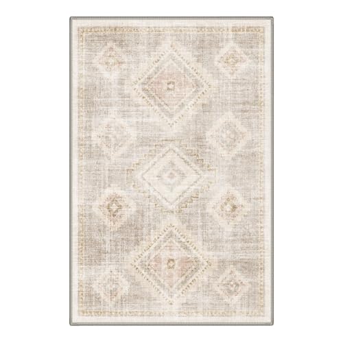 GENIMO 2X3 Washable Area Rug for Entrance, Boho Vintage Medallion Non Slip - color: Blush Beige, size: 2' x 3' (Rectangular)