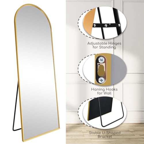 Prywot Full Length Mirror, 64"x21" Arched Floor Mirror with Stand, Gold - color: Gold, size: 64"L x 21"W