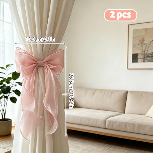 STEFORD 2 Pack Pink Silky Bow Curtain Tiebacks, French Elegant Lace Ribbon Curtain Holdbacks for Pink Room Decor Party Wedding Birthday Decoration