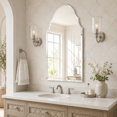 20x36 Inch Scalloped Arch Frameless Beveled Wall Mirror for Vanity - size: 36"L x 20"W