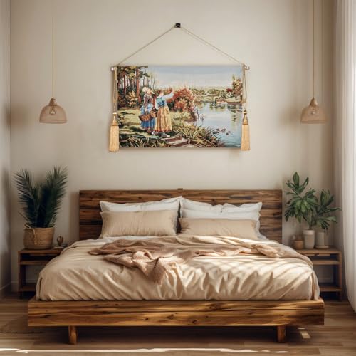 AureoMadis Vintage Pastoral Tapestry Wall Hanging Art 41.5x27, Medieval/Victorian Landscape Forest Scene Woven Decor, Jacquard Fabric Complete Set with Adjustable Rod, Tassels - color: Warm - hued, women by autumnal waters