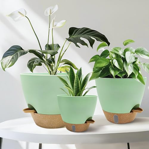 12/10/9/8 inch Self Watering Pots with Visual Water Window, Extra Large Self Watering Plant Pot with Drainage Holes and Saucers, Green Flower Pots for Indoor Plants - color: Green