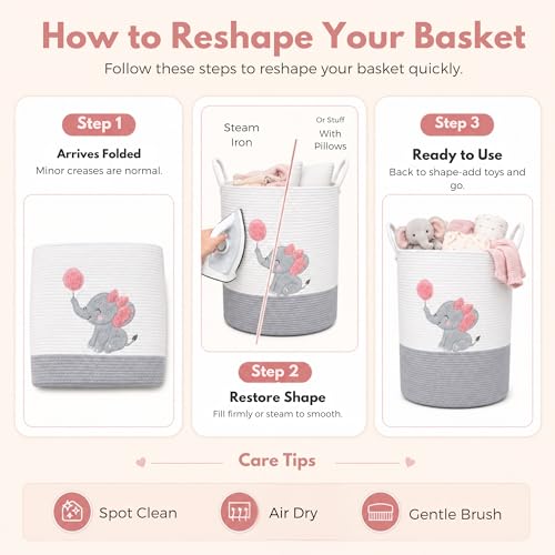 Elephant Baby Laundry Basket for Girl Nursery, Pink Rope Hamper, 20x15 in - color: Girl Elephant