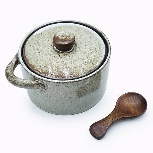 12 oz Ceramic Salt Cellar with Lid & Wooden Spoon,Countertop Salt Container,Sugar Bowl,Spices Jar| Artisan Kitchen Decor(Coarse Pottery) - color: Coarse Pottery B