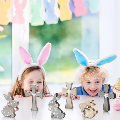 6 Pcs Easter Decorations Wood Bunny Cross Decoration Sign Tiered Tray Decor Farmhouse Rabbit Cross Easter Decor for the Home Spring Table Centerpiece, 6 Inch(Simple) - style: Simple