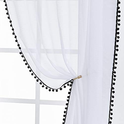 Sheer White Curtains with Black PomPom Trim for Living Room 52x84"Drape 2pc - color: White - Black, size: 52"W x 84"L (Pack of 2)